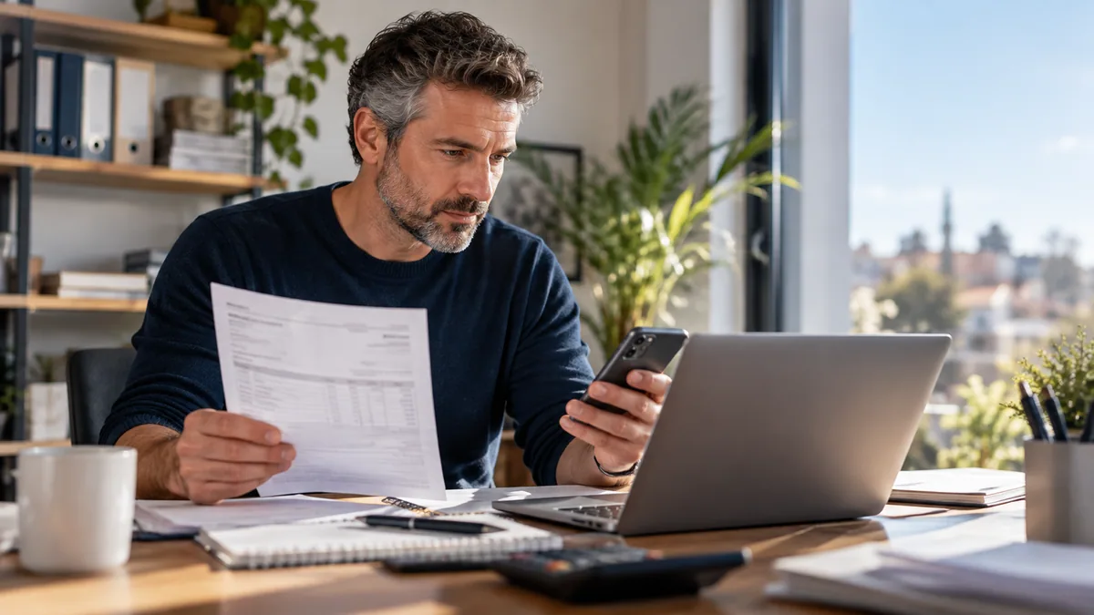 Profesional revisando documentos y pagos desde su oficina