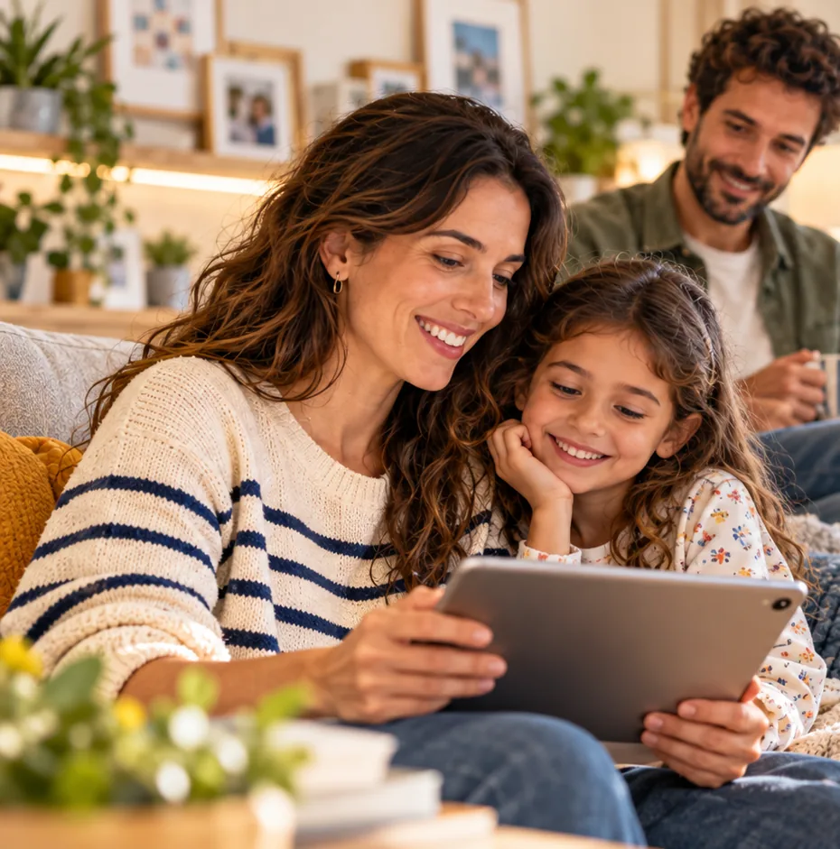Una familia conversa sobre sus planes alrededor de una tableta