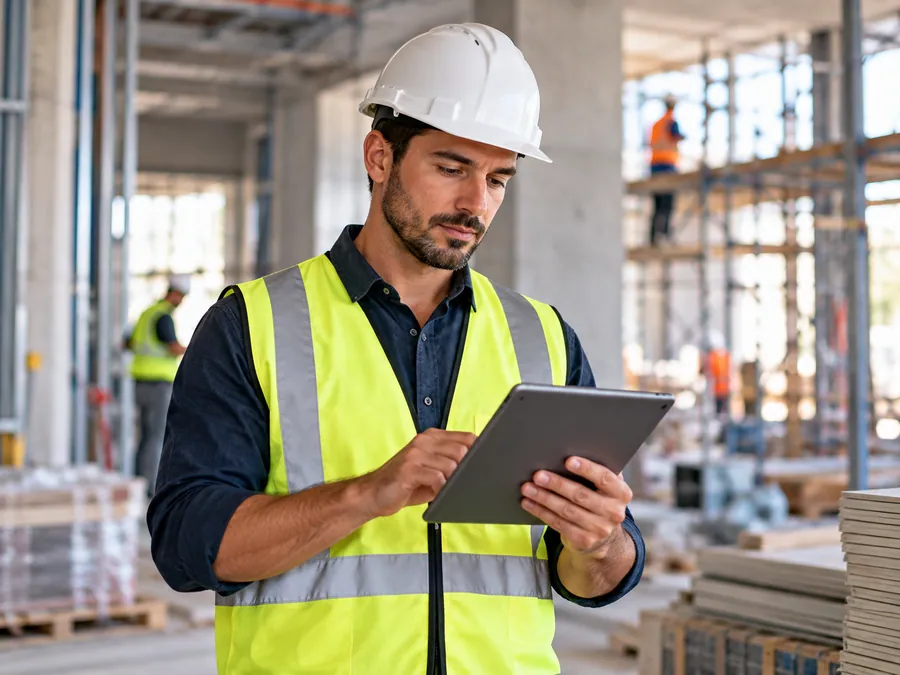 Profesional de obra revisando un proyecto en construcción