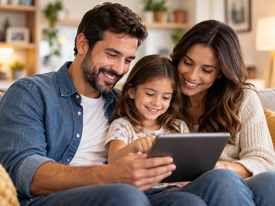 Familia organizando sus finanzas desde una tableta