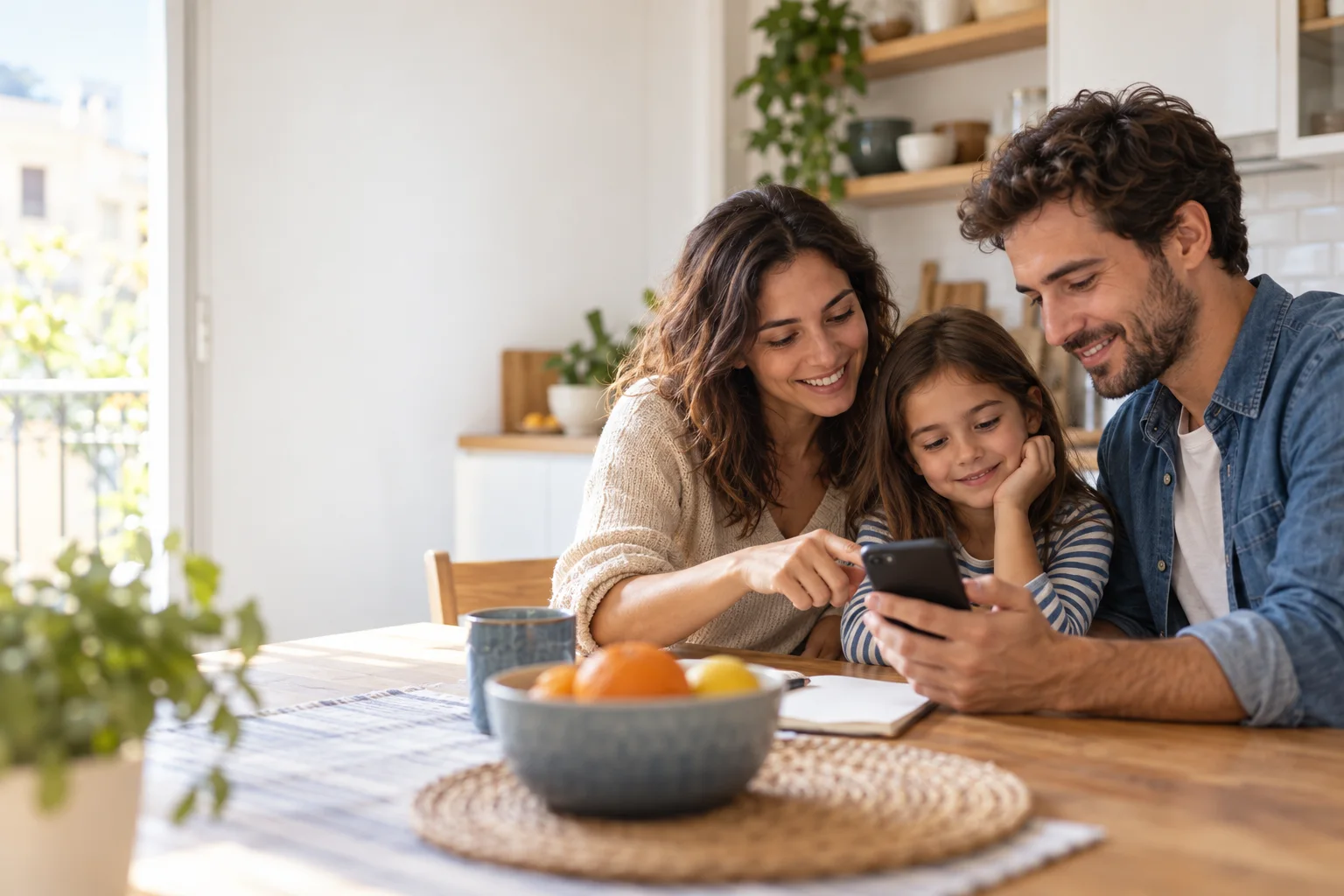 Familia revisando una lista en su teléfono en la mesa de casa
