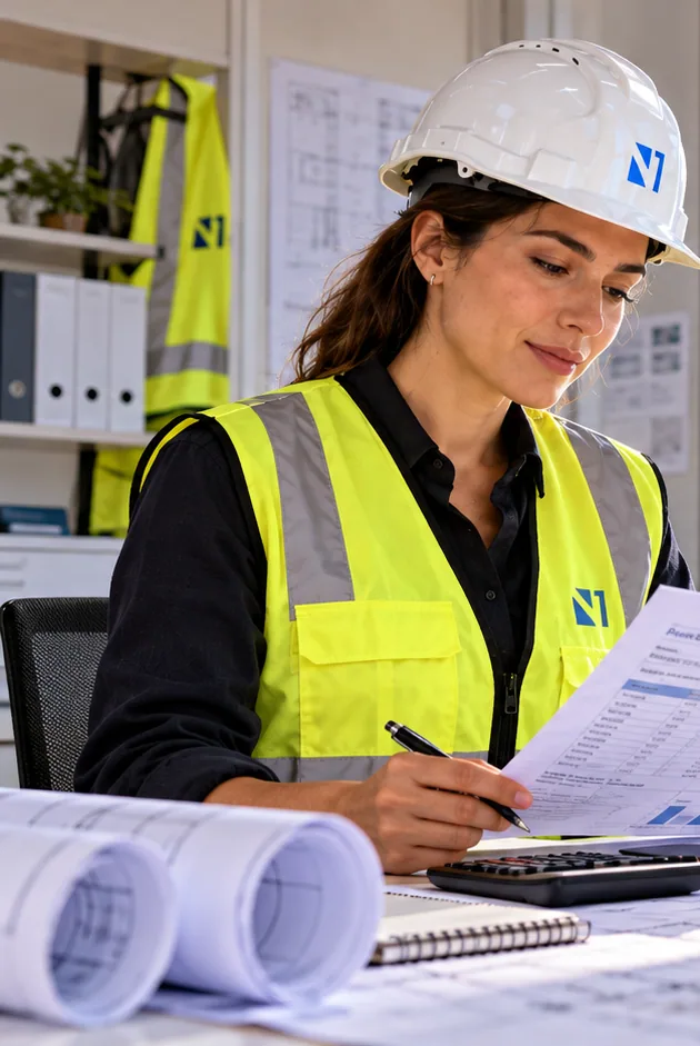 Profesional de reformas revisando un presupuesto en papel junto a un ordenador