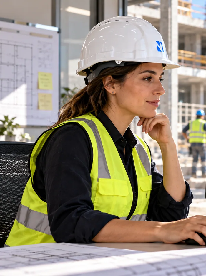 Responsable de obra utilizando un ordenador para consultar información de proyectos