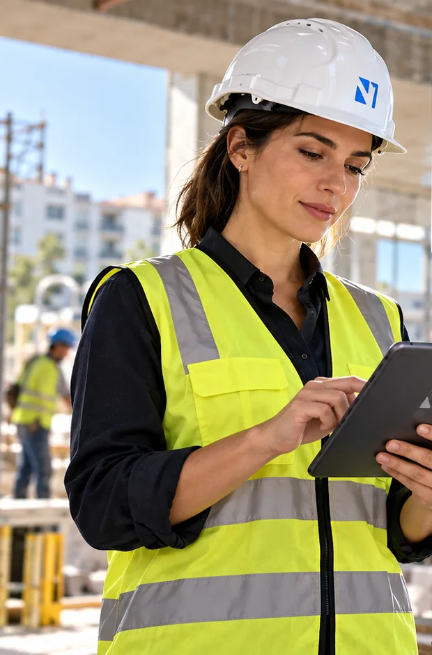 Profesional de reformas consultando información en un dispositivo durante una obra